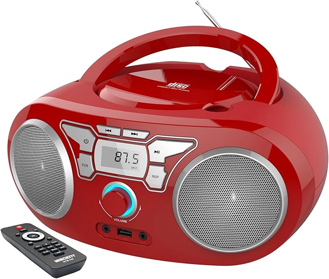 Portable CD Player Boombox with Bluetooth, FM Radio, USB Input, 3.5mm AUX and Headphone Jack, Clear Stereo Sound