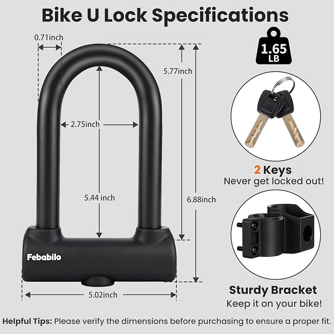 Bike Locks Heavy Duty Anti Theft,18mm Shackle High Security Bicycle U Lock with 2 Keys and Sturdy Mounting Bracket, Perfect for Electric Bike, Scooter, Motorcycle (U Lock with Cable, Medium)