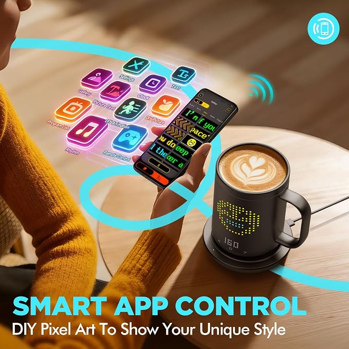Self Heating Coffee Mug 14oz Smart Mug, App-Controlled Cordless Coffee Mug Warmer with DIY Pattern, Fast Heating-Up to 149℉ Smart Coffee Mug Warmer for Coffee|Tea|Milk&More, Gifts for Men Women