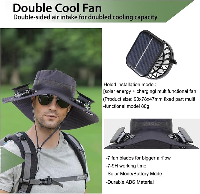 Outdoor Solar Powered Fan Hat for Men Women Breathable Wide Brim Hat with 2 Fans UPF 50+ Fishing Hat Beach Bucket Sun Hat