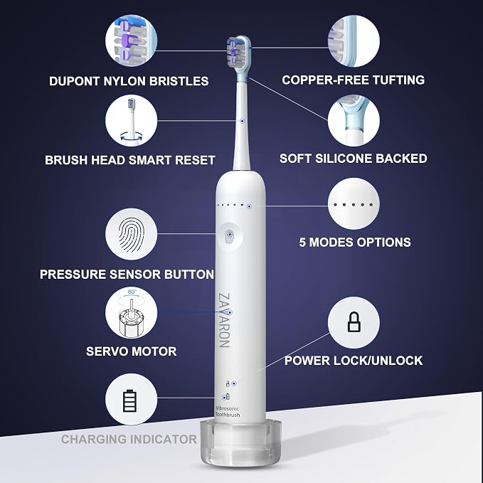 Sonic Electric Toothbrush for Adults – Oscillation & Vibration Rechargeable Power Toothbrush with 5 Modes, 6 Brush Heads & Travel Case - 30+ Days Battery Life IPX7 Waterproof- 2Min Smart Timer