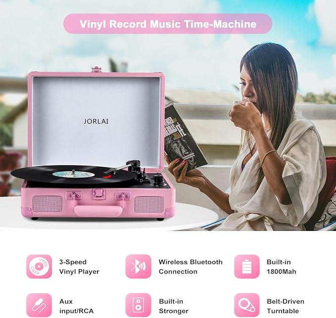 Portable Record Player with Bluetooth 3 Speed Turntable Built in Rechargeable Battery Vintage Suitcase Design with RCA Line Out and Aux in