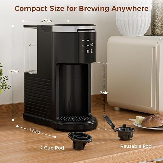 Electactic Single Serve Coffee Maker, 2 in 1 Coffee Machine for K-Cup & Ground Coffee, 6 to 14oz Brew Sizes, Pod Coffee Makers with 40oz Removable Water Reservoir, LCD Screen, Self-cleaning, Black