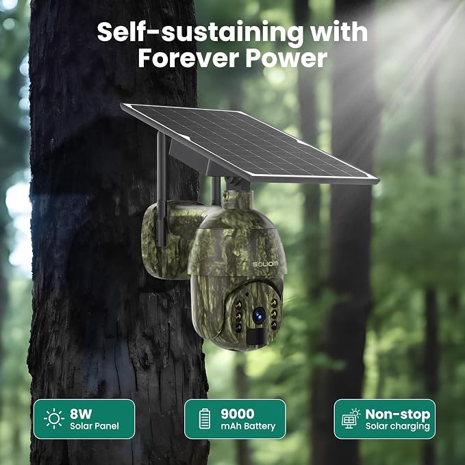 SOLIOM S600 4G LTE Cellular Security Cameras Wireless Outdoor, Solar Security Camera with Pan Tilt 360°View, 2K Full Color Night Vision, Unlimited Data Plan, PIR Motion Sensor, 2 Way Talk, Camo
