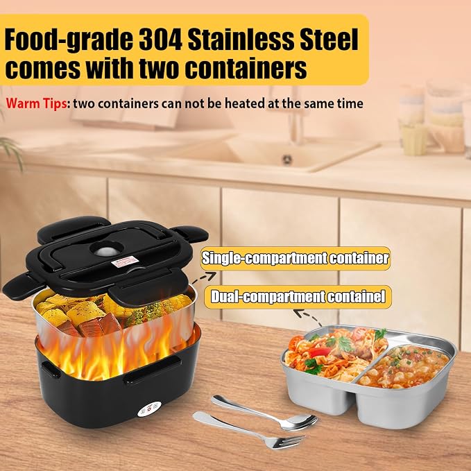 Electric Lunch Box for Adults, 80W Fast Heating Heated Lunch Box, 1.5L Dual 304 Stainless Steel Portable Food Warmer, 12/24/110V for Car Truck Work Travel, Lonchera Eléctrica Portátil(Black)