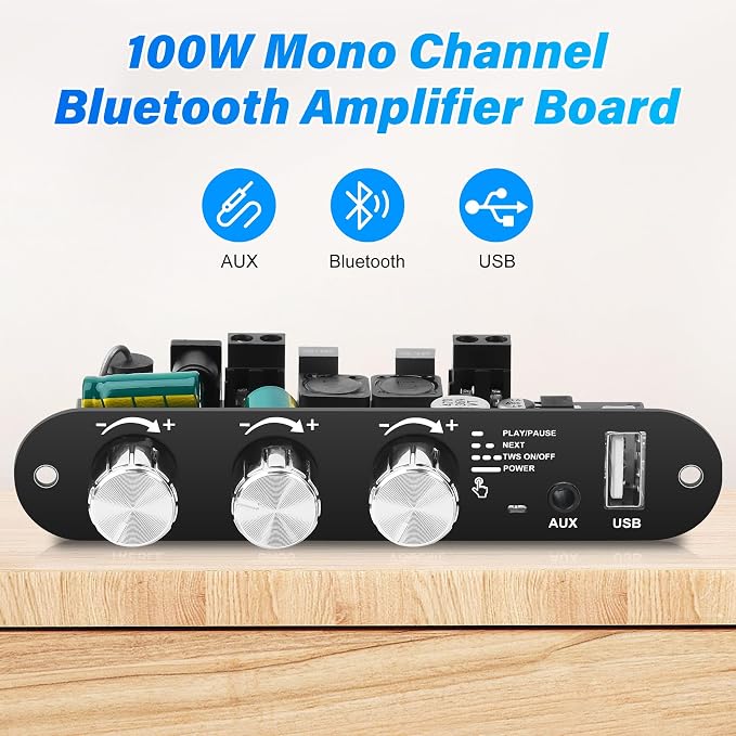 Daakro ZK-1001U Mono Bluetooth Amplifier Board with TWS, 100W Peak Power Home Audio Amplifier Board,Vehicle Amplifier Wide Voltage Input 9-24V,Supports USB/AUX/Bluetooth Input for DIY Wireless Speaker
