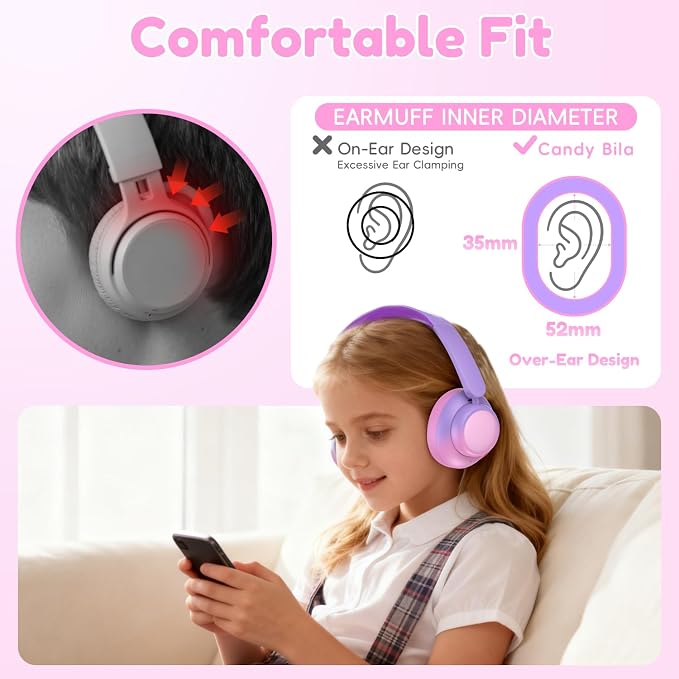 Candy Bila Active Kids Noise Cancelling Headphones, 60H Play Time Kids Bluetooth Headphones, Safe Volume, Bluetooth 6.0, USB C Charging, Headphones for iPad Tablet Airplane,Gradient Pink