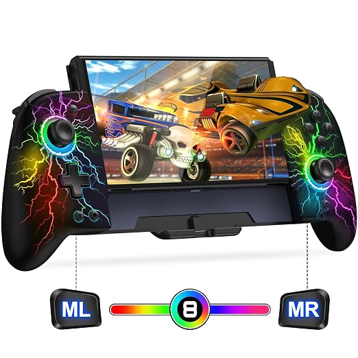 Gammeefy Switch Controller – Hall Effect Joysticks & Enhanced Grip – One Piece Switch Joypad Replacement Switch Pro Controller with 8-Color RGB Lighting, Turbo, Macros - Lightning, 6.2"/7"