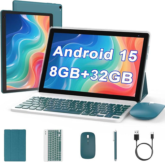 Android 15 Tablet 10 inch, 2 in 1 Tablet with Keyboard, 8GB RAM+32GB ROM Support 1TB Expandable Tablets PC, Quad-Core CPU, HD Screen, BT, WiFi, Long Battery Life Tablets with Case Mouse Stylus, Navy