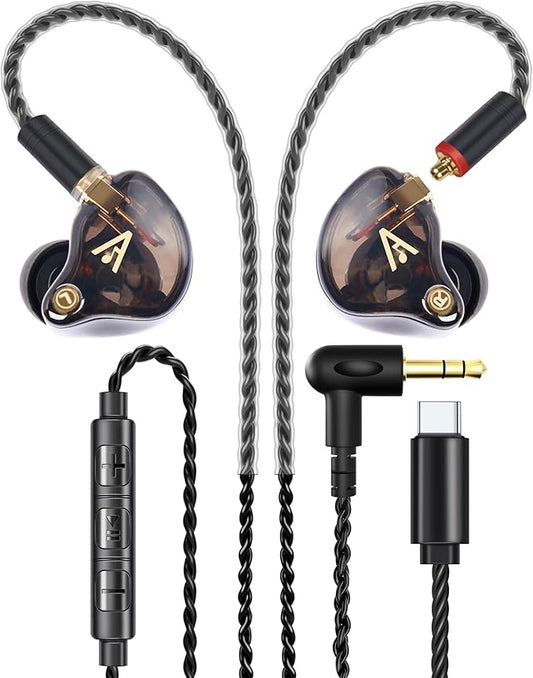 Audiovance Vibes 201MC Wired Earbuds in Ear Headphones with Mic, USB C to 3.5mm Adapter & Braided Cord, Noise Isolating Bass Driven Earphones, Carry Case, Ear Buds Tips, 3.5mm Jack (Clear Brown)