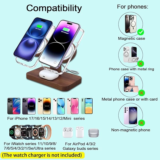Wood Dual Phone Charging Station Compatible with Magsafe Charger Stand Magnetic Wireless Charger for iPhone 17 16 15 14 13 12 Series iWatch AirPods Wireless Charging Station for Apple Devices