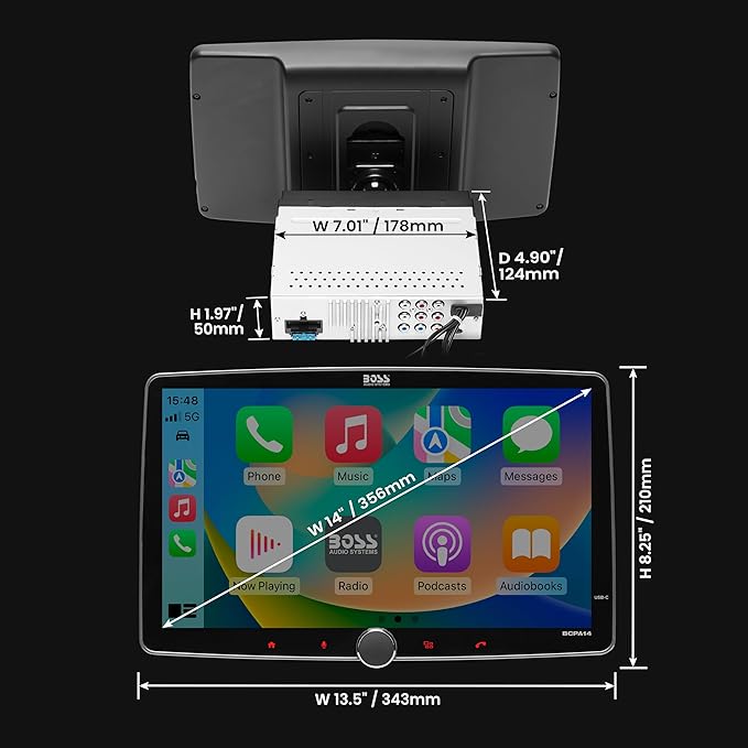 BOSS Audio Systems BCPA14 Car Stereo - Apple CarPlay, Android Auto, Single Din, 14 Inch Capacitive LCD Touchscreen, Bluetooth, No DVD CD Player, AM/FM Radio Receiver, Multicolor Illumination