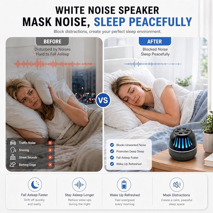 Portable Bluetooth Speaker with White Noise Machine, LED Color Lights, Aromatherapy Diffuser, Sleep Sound Machine for Sleep, Yoga, Home, Office & Bedroom, Gift for Women, Men, Kids & Friends