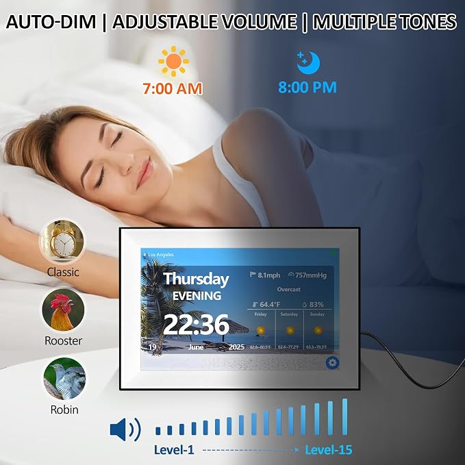 WiFi 10.1 Inch Digital Alarm Clock for Seniors, Large Display with Day/Date Smart Touchscreen Electronic Calendar 64 Alarms 64 Reminders Dementia Alarm Clock for Elderly（White）