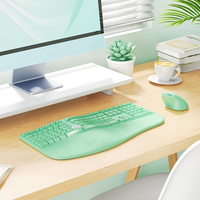 MEETION Ergonomic Keyboard and Mouse, Wireless Keyboard with Vertical Mouse, Split Curved Keyboard with Wrist Rest, Natural Typing Full Size, Windows/Mac/Computer/Laptop, Green