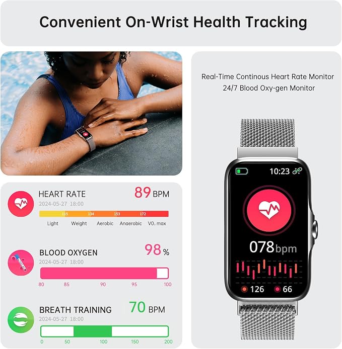 Health Fitness Tracker, Smart Watch with 24/7 Heart Rate and Blood Oxy-gen Monitor, Sleep Tracker with IP68 Waterproof, Activity Tracker Pedometer Step Counter for Women Men