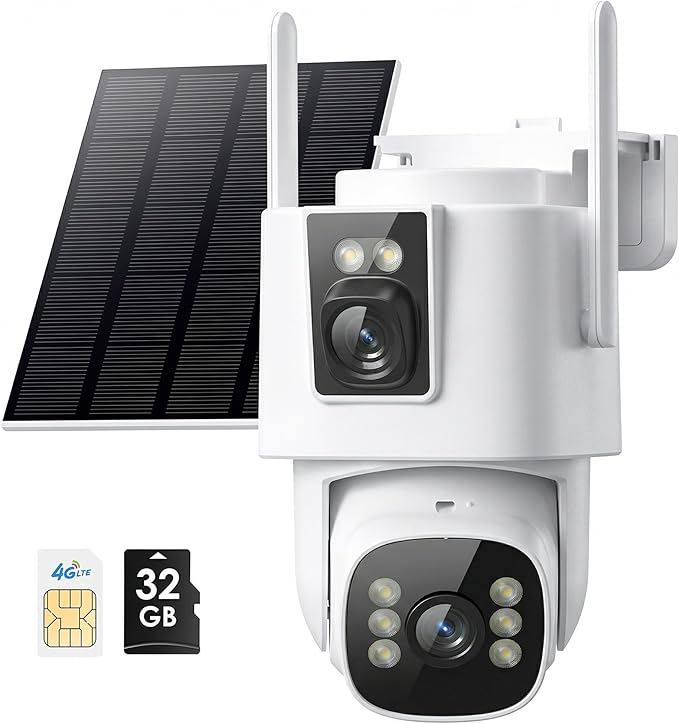 4G LTE Cellular Security Camera: Dual Lens Solar Outdoor Camera No WiFi 24/7 Recording with 32GB SD Card PTZ Night Vision Human Detection for Farm Cabin Construction Site Remote Property
