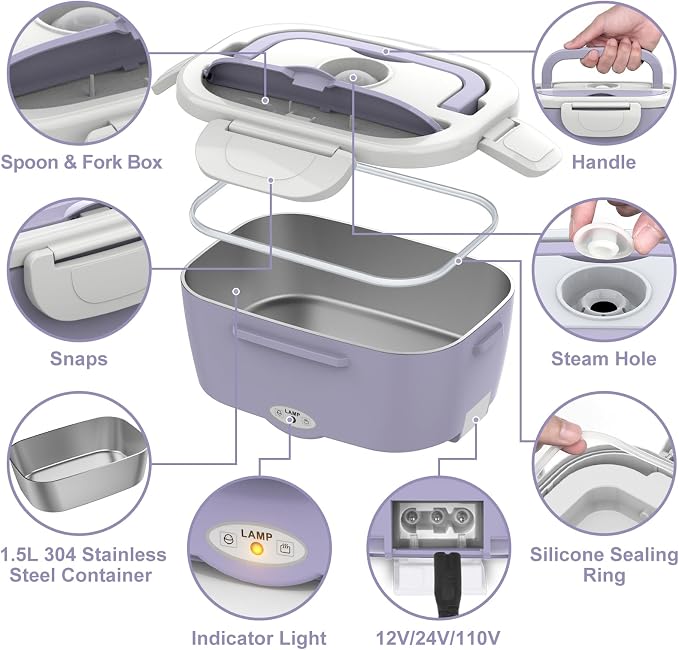WisaKey Purple Electric Lunch Box Food Heater 80W Heated Lunch Box for Women, 12V 24V 110V 220V Portable Food Warmer Lunchbox hot lunch box for Car Truck Work with 304 SS Container Christmas Gift