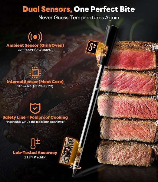Beelicious Pro Wireless Meat Thermometer–Stable Bluetooth Smart Probe with ±1.8℉ Accuracy, 0.5s Fast Response & Long-Lasting Battery, IP67 Waterproof, App Controlled for Grill, Oven, Air Fryer