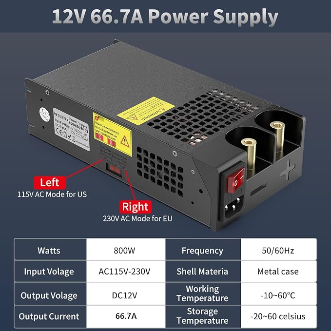 AC to DC Converter 800W 66.7A, 12V Power Supply 110V AC to 12V DC Converter Adapter Switch Transformer for RV, Radio/Car Stereos, LED Strip, Travel, Computer Project, 3D Printer