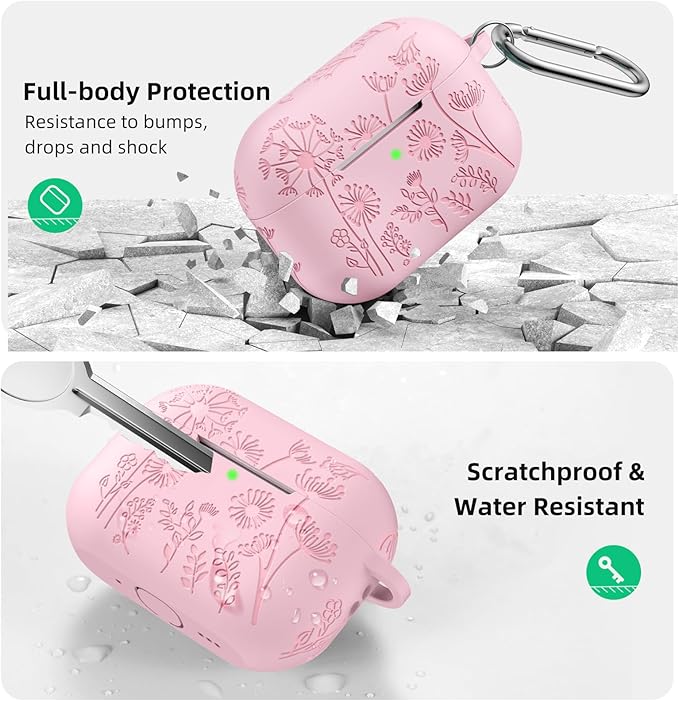 Lerobo for AirPods Pro 3 Case Cover with Cleaner Kit, Cute Flower Engraved Silicone Protective Cover with Keychain Compatible with Apple AirPod Pro 3rd Generation Case 2025 for Women and Girls, Pink
