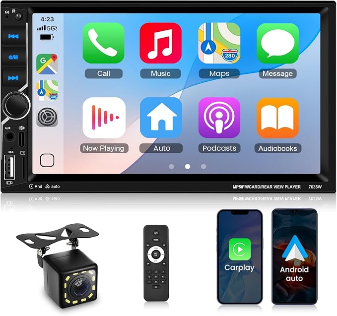 Double DIN Car Stereo with Wireless CarPlay Android Auto, 7 Inch Touchscreen Radio, Universal 2 Din Head Unit Bluetooth 5.0 FM SWC EQ USB-C Mirror Link Backup Camera
