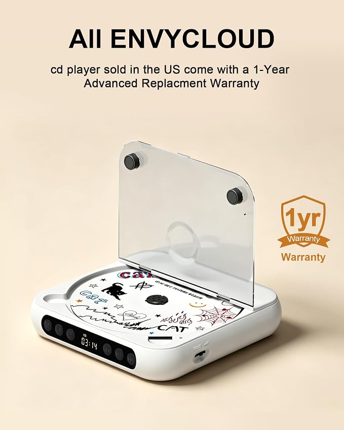 ENVYCLOUD CD Player Portable with Dual Stereo Speakers, Rechargeable Portable Player with Bluetooth for Home with Headphones, Support CD/AUX/USB,White