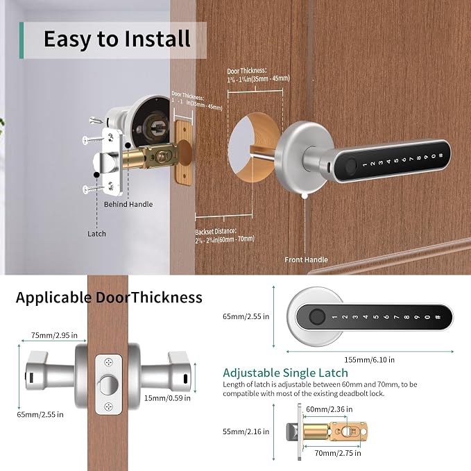 IRONZON Fingerprint Door Handle for Bedrooms - 2pcs 191F 3-in-1 Fingerprint Door Lock with Keypad, Fingerprint Door Knob for Bedroom with Key, Keyless Entry Door Handle - Silver
