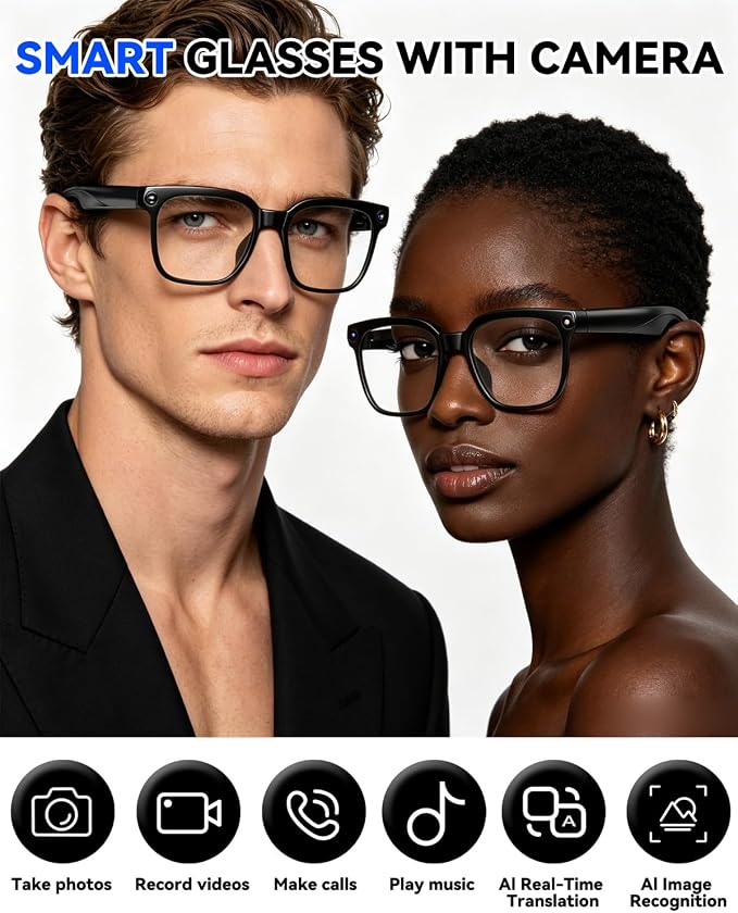 Smart Glasses with Camera, 4K HD Anti-Shake, 8MP Camera Glasses, Real Time Translation, AI Voice Assistant, Object Recognition, Smart Glasses for Women, for Travel/Meetings/Vlog（Photochromic）