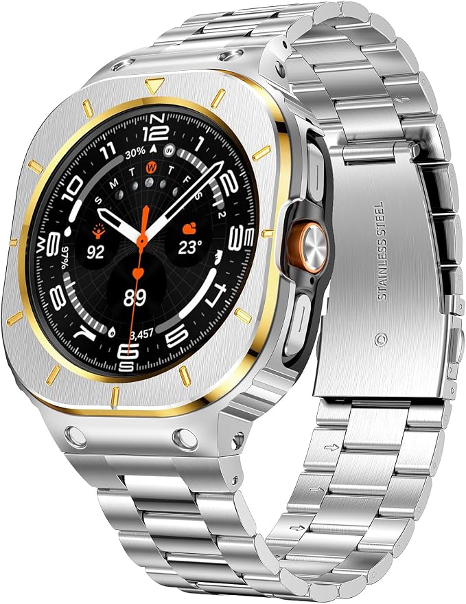 SUPLINK Stainless Steel Case and Band Compatible with Samsung Galaxy Watch Ultra Bands 47mm(2025/2024), Rugged Protective Case Bumper Metal Bands for Samsung Ultra Watch Band Men, Silver Gold