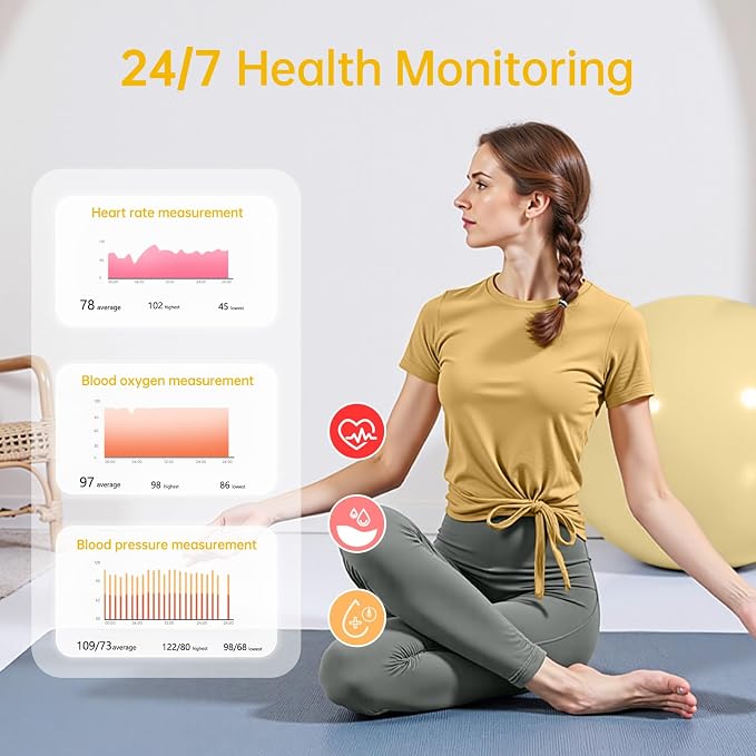 Smart Ring for Women & Men, Health Tracker Ring with Heart Rate, SpO2, Blood Pressure,Temperature, HRV & Stress, IP68 Waterproof Fitness Ring, Sleep Tracker for iPhone & Android, No App Fee(Gold, 11#)