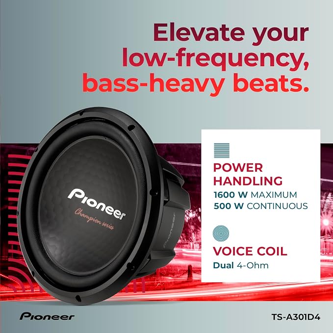 PIONEER TS-A301D4 - Powerful 12-inch Subwoofer, 1600 Watts Peak Power, Dual 4 Ohm Voice Coil for Powerful Bass