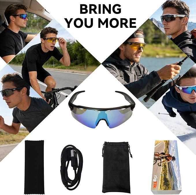 Bluetooth Smart Sunglasses for Men Women, Open-Ear Speaker Glasses with Touch Control, UV400 Polarized Lens, 5-6H Playtime for Outdoor Sports,Black and Blue