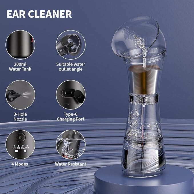 Upgraded Ear Wax Removal Kit, 4-Mode Electric Ear Cleaner - IPX7 Waterproof, Earwax Cleaning Kit with Water Temperature Sensor, 2in1 Waste Tank Design for Home Use