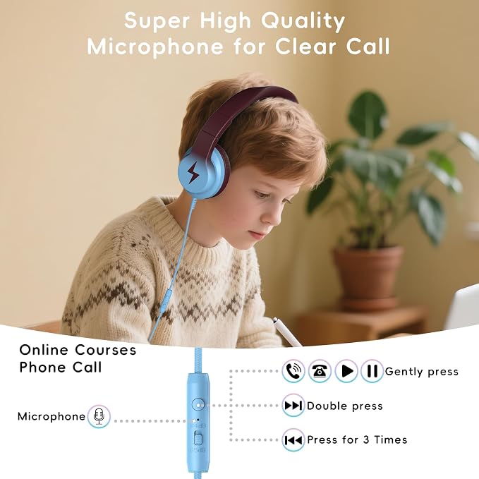 Candy Bila Kids Headphones, Wired Headphones for Kids Over Ear with Microphone, 85/94dB Volume Headphone for Girls Boys, Foldable Headphone for Learning & Entertainment, Gradient Caramel Blue