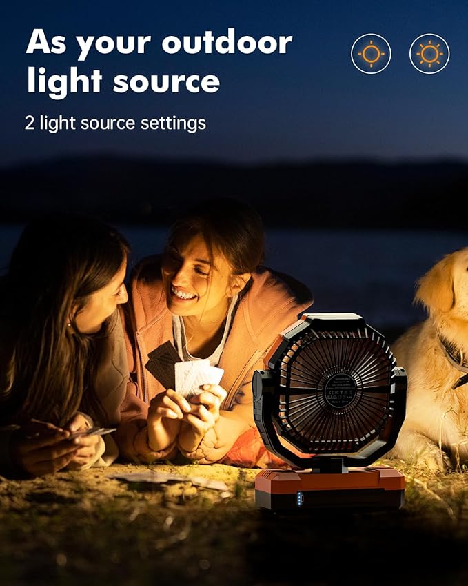 3-in-1 Camping Fan - 48000mAh Detachable Portable Fan Rechargeable with Light & Hook, Battery Powered Fans for Outdoor, Indoor, Tent, Fishing, Travel, Hurricane, Summer Gifts for Men - Orange