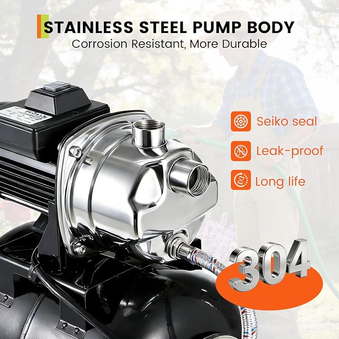 Garvee 1.6 HP Shallow Well Pump with Pressure Tank, 1320 GPH, Water Jet Irrigation Pump, Automatic Pressure Switch, Stainless Steel, for Home, Farm, Garden & Yard, Black