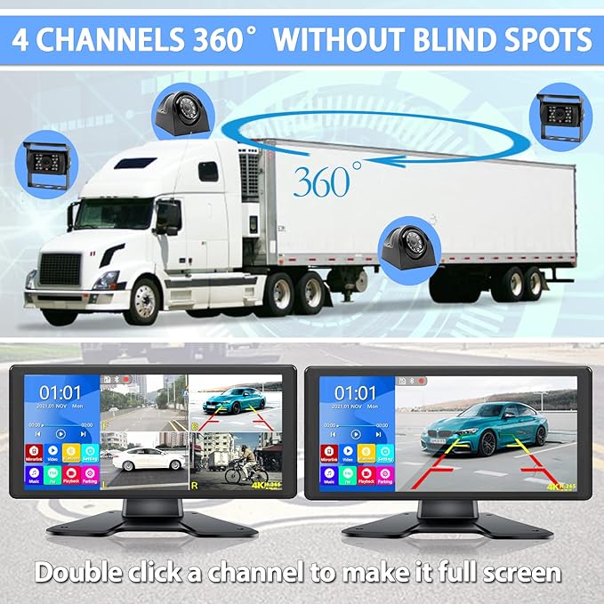 RV Backup Camera System with 10.36’’ 4K Monitor for RV Truck Bus Trailer with 4 Rear/Side View 1080P HD Cameras 4 Splits Touch Screen DVR Recording IP69 Waterproof Bluetooth Music Video Avoid Blind