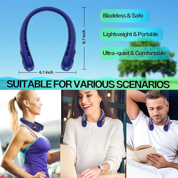 KIDEE Portable Neck Fan, Personal Bladeless Rechargeable, Upgraded 4000mAh Battery & 360° Surrounding Air Outlet, Increase Air Volume, Ultra Quiet, Long Use Time Wearable Fan for Home Travel