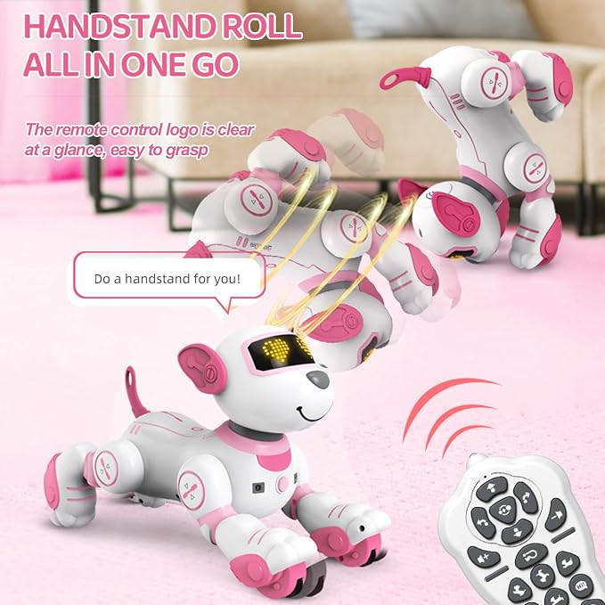 Robot Puppy Dog, Robot Puppy with Dance, Music, Light Effects, Interactive Programmable Intelligent Remote Control Dog AI Toys for Teens Adults Chrismas Birthday (Pink)