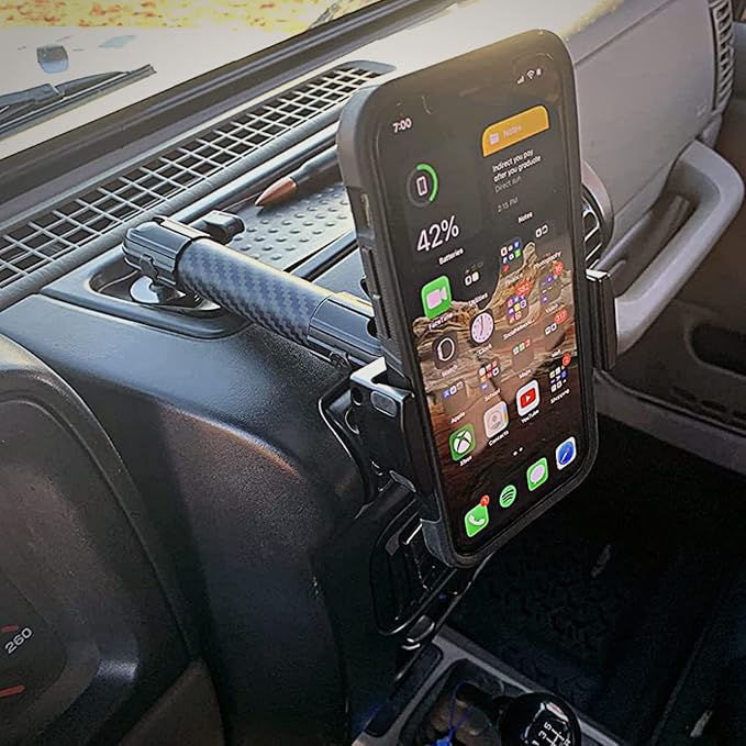Bulletpoint Dash Mount Cell Phone Holder Jeep Compatible Wrangler (2007-2010 JK and 1997-2006 TJ) with 20mm Ball Mount for iPhone and Android Smartphone – Features Heavy Duty Carbon Fiber Kevlar Arm