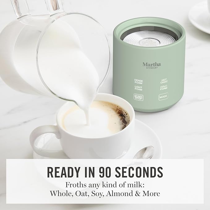 Martha Stewart Milk Frother and Steamer, 10oz/300ml Glass Cup, 4 Presets (Cold Foam, Light, Dense & Hot Chocolate), Ready in 90 Seconds, Cordless Pouring, One-Touch for Hot and Cold Milk, Honeydew