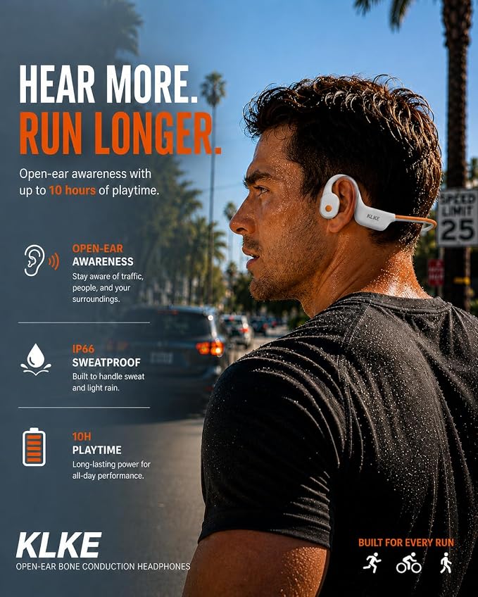 Open-Ear Bone Conduction Headphones for Running, Bluetooth Sports Headphones with Rear Safety Light, Dual Modes, Adjustable Fit, IP66 Waterproof, Mic, 10H Playtime for Gym Cycling