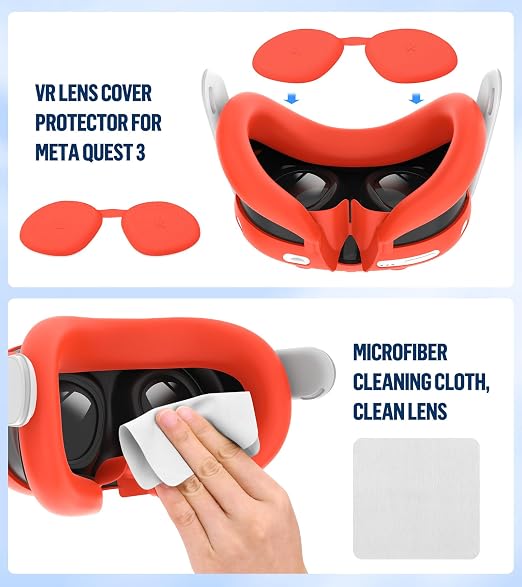 Silicone Cover Set Compatible with Meta/Oculus Quest 3 Accessories, Controller Grips, VR Shell Cover, Facial Interface Cover, Protective Lens Cover, Tempered Glass Lens Caps, Not Fit Quest 3S