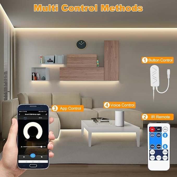 Tatazone Smart White COB Led Strip Light with Remote, 32.8ft 3000K Bright Warm White WiFi COB Light Strip Work with Alexa Google, Dimmable Indoor Led Lights for Cabinet, Room