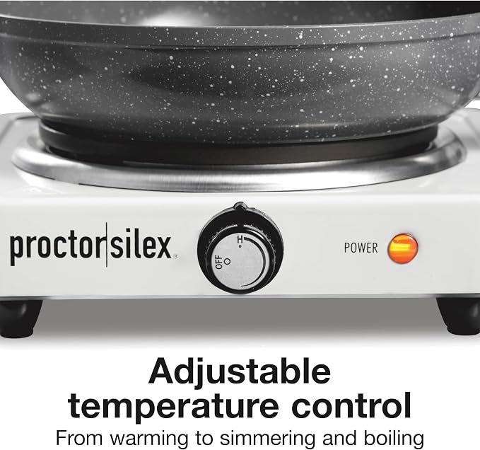 Proctor Silex Portable Electric Stove, Cast Iron Single Burner Cooktop, Compact, Adjustable Temperature Hot Plate, 1000 Watts, White (34107)