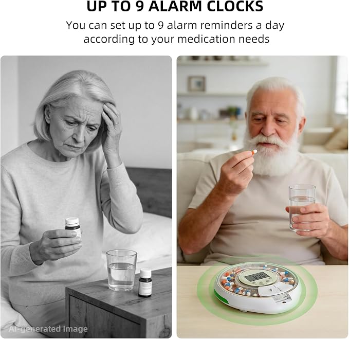 EziMedPil Automatic Pill Dispenser with Ergonomic Lid Design for Seniors | Easy Use Top Key Lock, 9 Daily Alarms & Sound-Light Reminder, Large LCD & Clear Lid Monitoring for Dementia & Senior Care