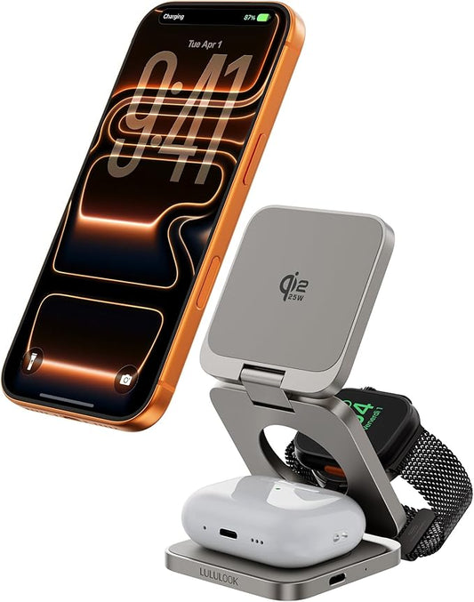 3 in 1 Charging Station for Apple - Qi2.2 25W Magnetic Wireless Charger for iPhone 17, Apple Watch, AirPods, Travel Fast Charging Foldable Stand with 45W GaN Adapter, Aluminum Alloy Design