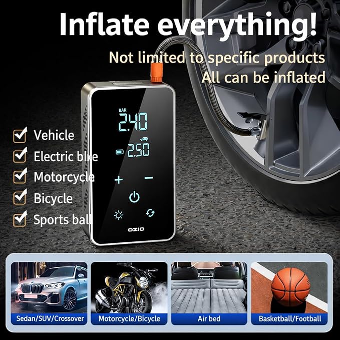 Portable Tire Inflator Portable Air Compressor, Dual Display 150PSI Rechargeable Air Pump for Car Tires, Bike, Motorcycle & Balls