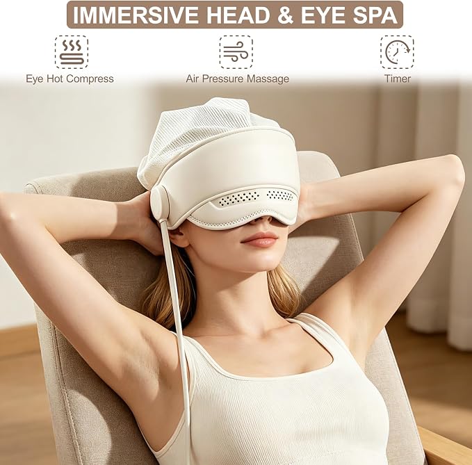 Electric Head Massager for Headaches，Electric Rechargeable Head and Eye Massage Tool with 3 Heat Levels，6-Zone Kneading Temple Massager, Migraine Relief Massager for Forehead，4 Massage Modes (White)